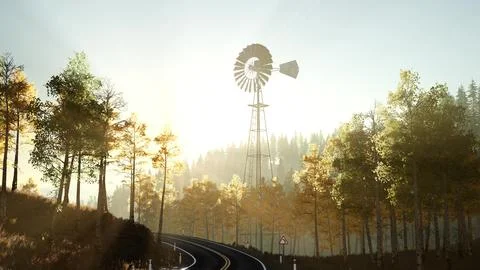 Typical Old Windmill turbine in forest at sunset Stock Illustration