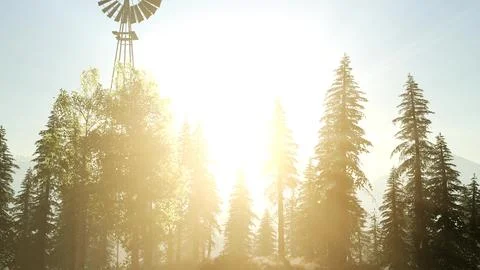 Typical Old Windmill turbine in forest at sunset Stock Illustration