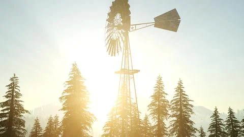 Typical Old Windmill turbine in forest at sunset Stock Illustration