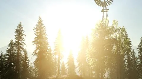 Typical Old Windmill turbine in forest at sunset Stock Illustration