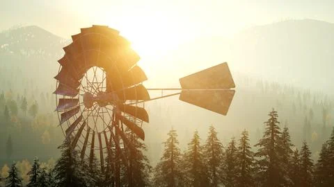 Typical Old Windmill turbine in forest at sunset Stock Illustration