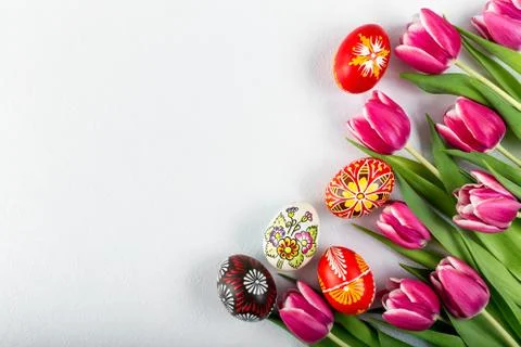 Typical painted eggs from the top view Stock Photos
