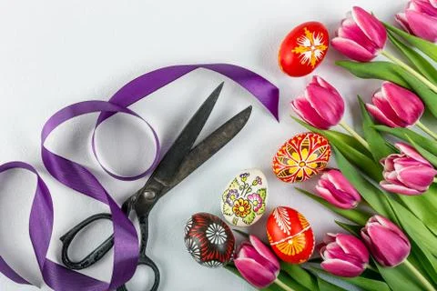 Typical painted eggs from the top view Stock Photos