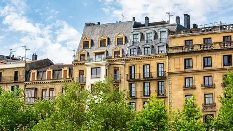 Typical penthouses on top of the buildings of the Basque city of San Sebastian Stock Photos