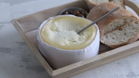 Typical portuguese cheese with bread and olives Stock Footage 105873007