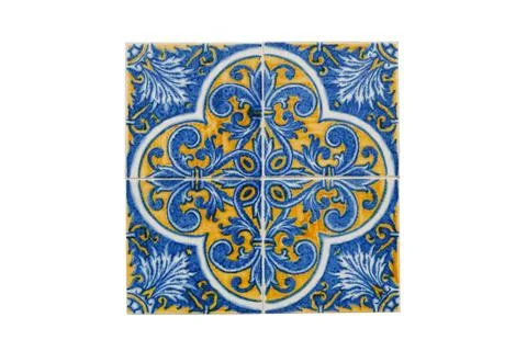 Typical Portuguese tile pattern with blue and yellow colors Stock Photos