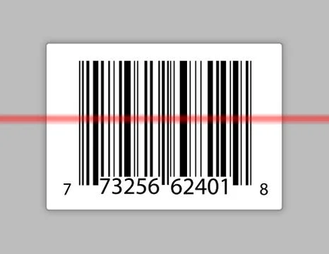 A typical product barcode with a laser scanning it. Illustration