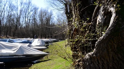 Typical river boats moored and covered Stock-Footage 87344553