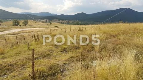 Typical rural landscape with pasture land in Bulgaria Stock Photos