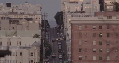 Typical San Francisco view of steep streets in a hill and buildings Video stock 150374991