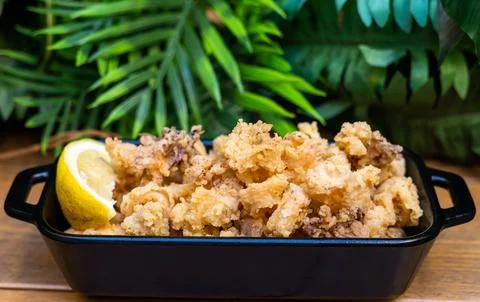 Typical Spanish portion of fried squid Stock Photos
