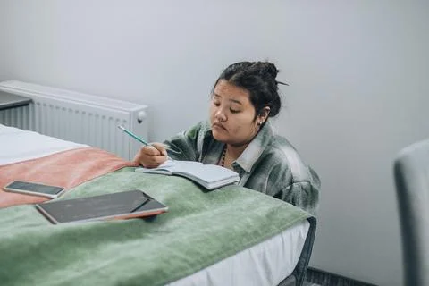 Typical study moment where a student uses both her tablet and notebook, set in Stock Photos