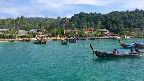 Typical Thai Boats at Phi Phi Island Stock Footage 92585814