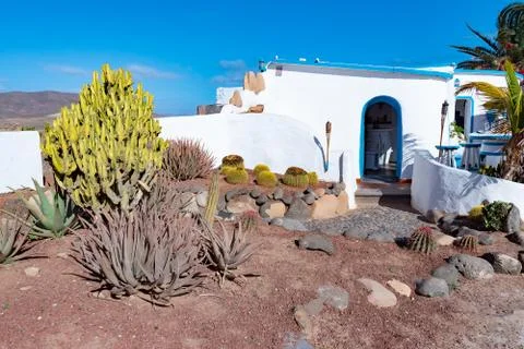 Typical tiny Canarian house with cactus garden on Papagayo beach on the islan Stock Photos