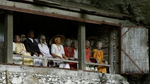 Typical Toraja tombs in a vertical rock face carved with traditional puppets Stock Footage 102589527