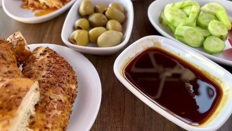 Typical traditional turkish breakfast background concept Stock Footage 195991777