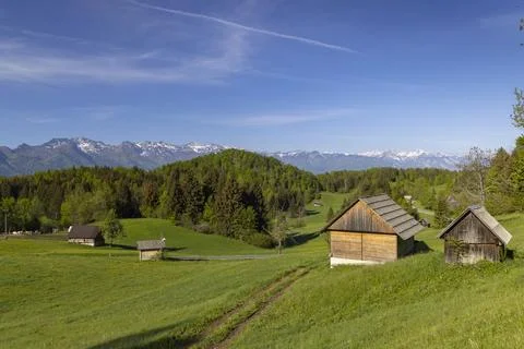 Typical wooden log cabins in Gorjuse, Triglavski national park, Slovenia Stock Photos