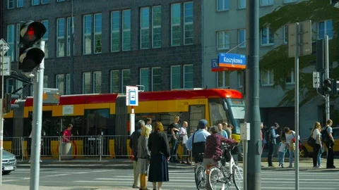 Typical yellow-red trams in Warsaw Stock Footage 90246018