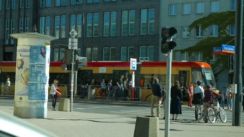 Typical yellow-red trams in Warsaw Stock-Footage 90343311