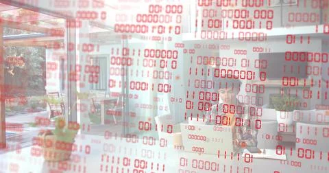 Typing Asian man in blazer using laptop by glass doors, red binary overlay, copy Stock Photos