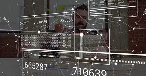 Typing bearded developer in checkered flannel shirt coding on laptop at office, Stock Photos