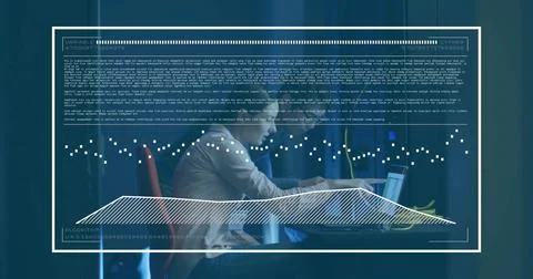 Typing code Asian man wearing light shirt on laptop in server room, with digital Stock-Fotos