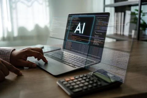 Typing code on a laptop with AI code on the screen and hands typing softwar.. Stock Photos