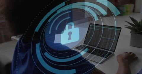 Typing code on laptop female programmer at desk, with digital padlock overlay Stock Photos