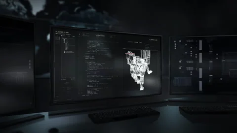 Typing Coding Language In Futuristic Software To Command Security Robot Stock Footage 247130851