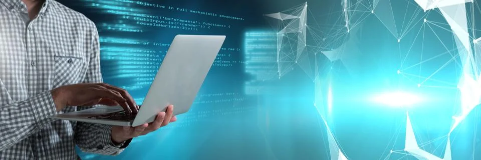 Typing coding text on laptop with transition Foto stock