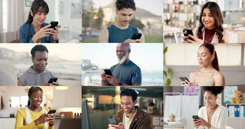 Typing, collage and people with cellphone, internet and social media with Stock Footage 327005153