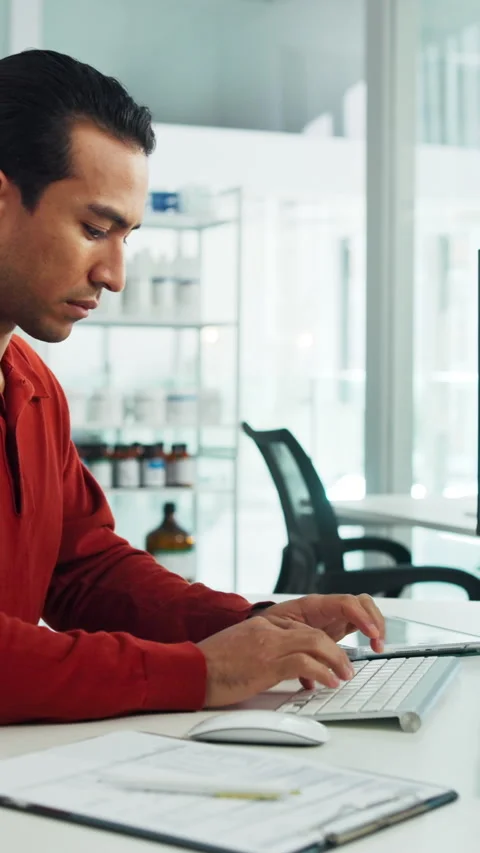 Typing, computer and business man in office for pharma products, online report Stock Footage 335358309