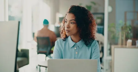 Typing, computer and research with business woman in office for web designer Stock Footage 316123939