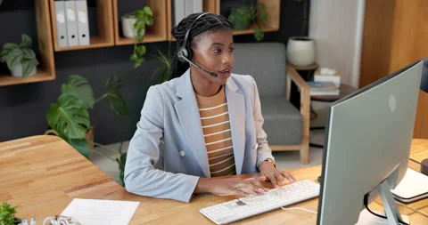 Typing, computer and woman in call center, help and customer service consultant Stock Footage 342335423