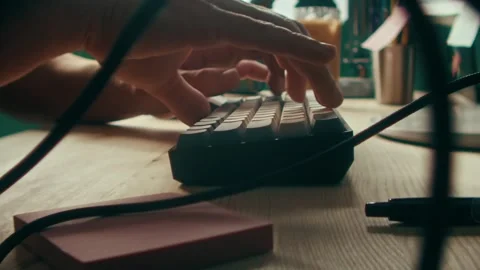 Typing on a Computer Keyboard with Lush Houseplant in Foreground Stockbeeldmateriaal 331099074