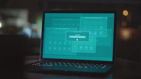 Typing correct password on laptop computer at night in office desk. Hacker spy Stock Footage 332173987