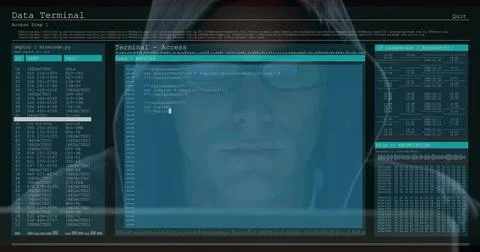 Typing developer in dark hoodie using terminal windows at tech workspace, Foto stock