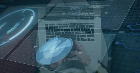 Typing developer in light sweater holding radar hologram above laptop at desk, Foto stock