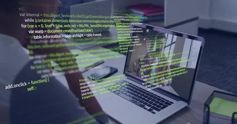 Typing developer in long-sleeve top resting hand near laptop on wooden desk, 写真素材