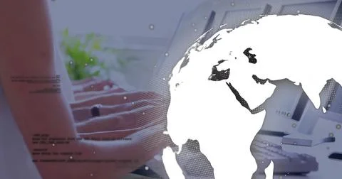 Typing developers' hands writing code on laptop keyboards at office desk, with Stock Photos