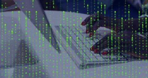Typing female hands entering code on white keyboard at office workspace, with 库存照片