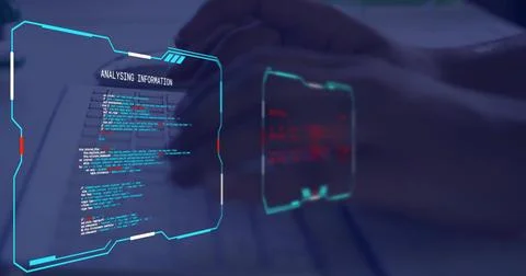 Typing female hands entering code on laptop keyboard at desk, with holo panels Stock Photos