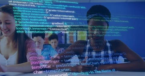 Typing five students entering code on keyboards and monitors in computer lab, Stock Photos