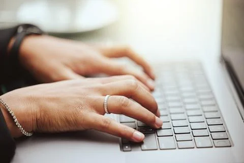 Typing, hacker or programmer hands with laptop for database coding, web design Stock Photos