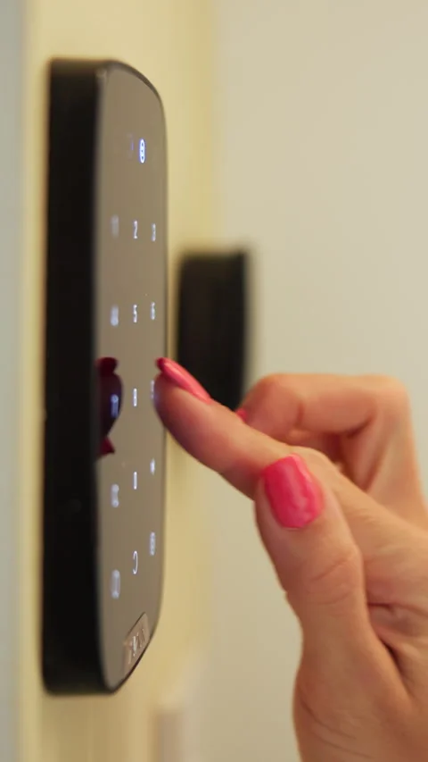 Typing, hands and smart lock in house, safety and password for keyless entry in Stock Footage 333686872