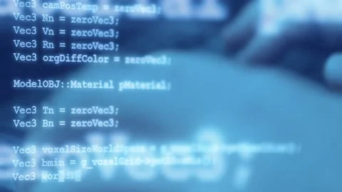 Typing hands behind blue source code of computer program on display, programm Stock Footage 147004302