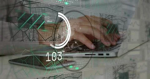 Typing hands in gray sleeves using laptop keys at desk, showing maps charts Stock Photos