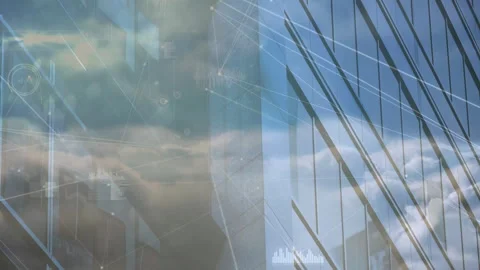 Typing hands starting data graphics pulsing across split screen building cables Video stock 311226344