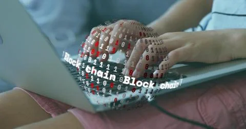 Typing hands tapping laptop on lap at home, in blue-top pink shorts, blockcha Foto stock