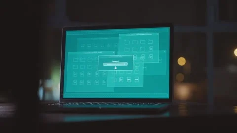 Typing incorrect password on laptop computer on office desk at night trying to 스톡 동영상 332526516